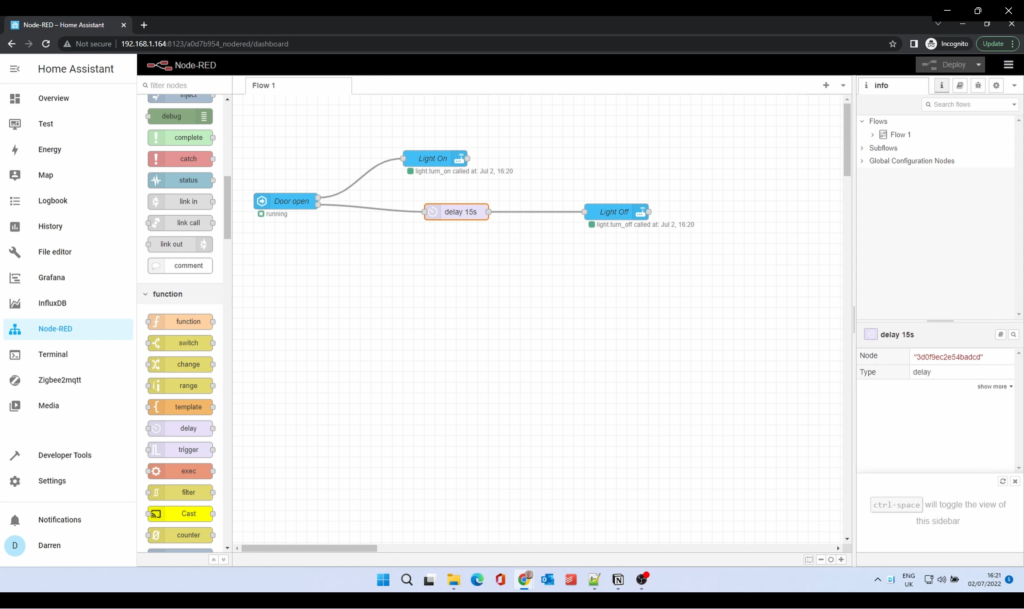 Node Red Light Automation with Delay